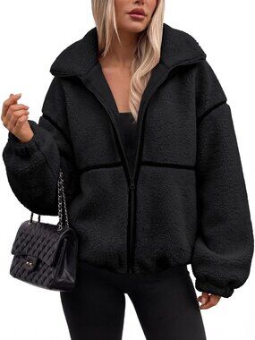 Women Black Stand Collar Teddy Coats Oversized Zip Up Cuff Sleeve Fleece Jacket